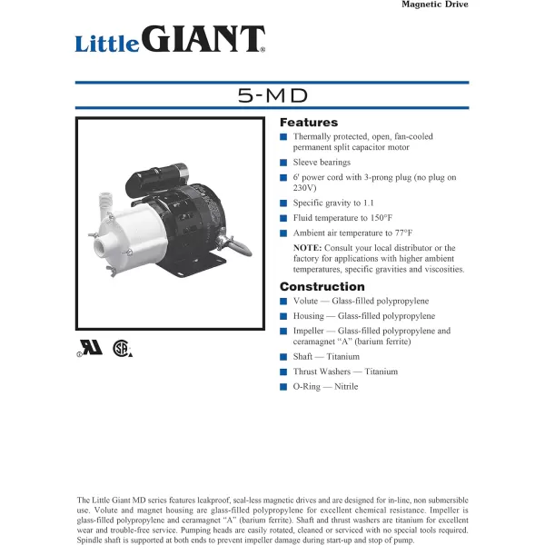 Little Giant 5-MD 1/8 HP 115-Volt, 905 GPH Magnetic Drive Pump, 6-Foot Power Cord, Black, 583002