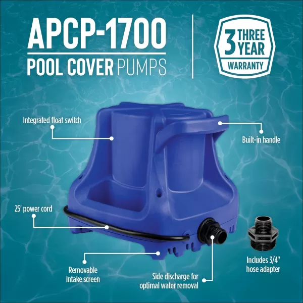 Little Giant APCP-1700 115-Volt, 1/3 HP, 1745 GPH, Automatic, Submersible, Swimming Pool Cover Pump with 25-Ft. Cord, Light Blue, 577301