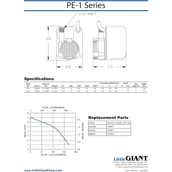 Little Giant PE-1H 115-Volt, 1/125 HP, 170 GPH Epoxy Encapsulated Small Submersible Direct Drive Pump with Hooded Volute, 6 Ft. Cord, Black, 518203