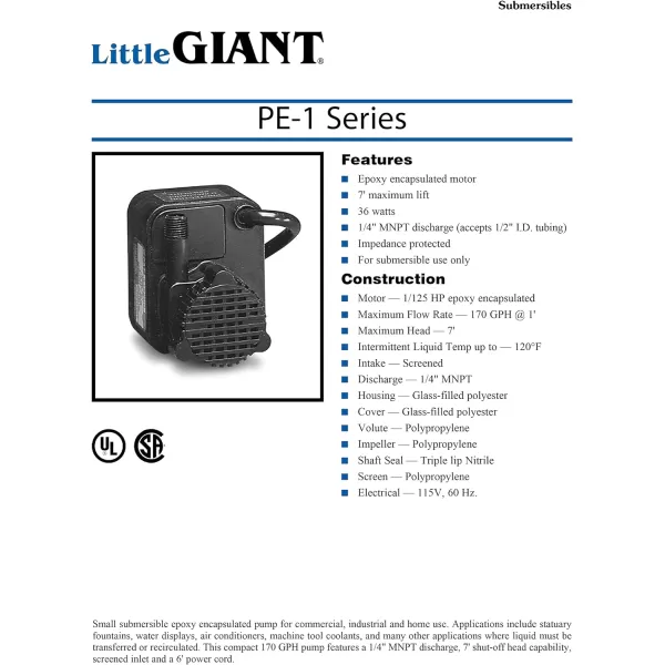 Little Giant PE-1H 115-Volt, 1/125 HP, 170 GPH Epoxy Encapsulated Small Submersible Direct Drive Pump with Hooded Volute, 6 Ft. Cord, Black, 518203