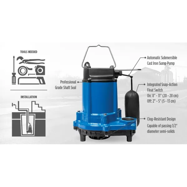 Little Giant Select Series LG-SC33SA 115 Volt, 1/3 HP, 3420 GPH Cast Iron Sump Pump with Snap-Action Switch and 10-Ft. Cord, Blue, 14942671