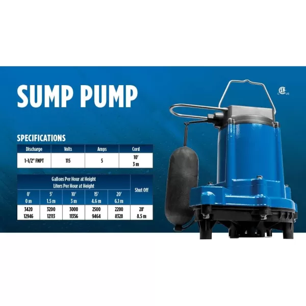 Little Giant Select Series LG-SC33SA 115 Volt, 1/3 HP, 3420 GPH Cast Iron Sump Pump with Snap-Action Switch and 10-Ft. Cord, Blue, 14942671