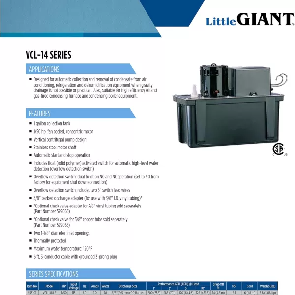 Little Giant VCL-14ULS 115 Volt, 1/50 HP, 200 GPH, Automatic Condensate Removal Pump with 1-Gallon Tank and Safety Switch, 6-Ft. Cord, Black, 553101