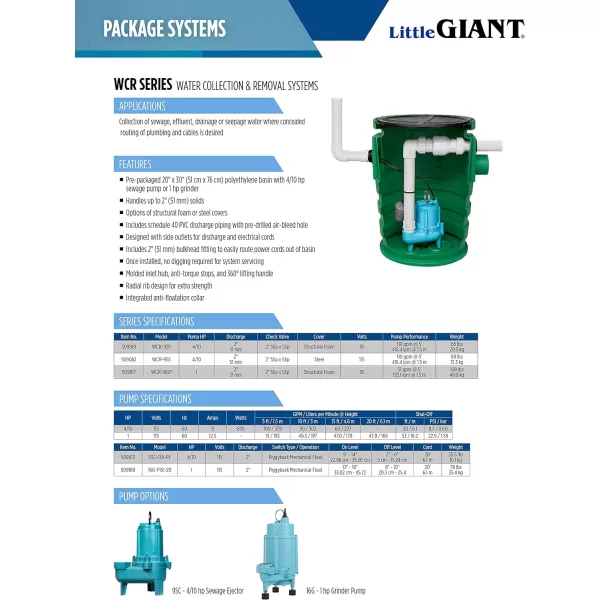 Little Giant WCR-9SP 115 Volt, 4/10 HP, 4800 GPH Sewage/Effluent/Wastewater Collection and Removal System, Structural Foam Cover, Green/Blue, 509081