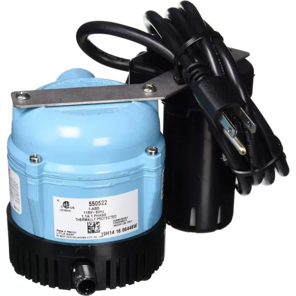 Little Giant 1-ABS 115-Volt, 1/150 HP, 205 GPH Shallow Pan Condensate Removal Pump for portable air conditioners, dehumidifiers, with Collection Tank, Blue, 550522