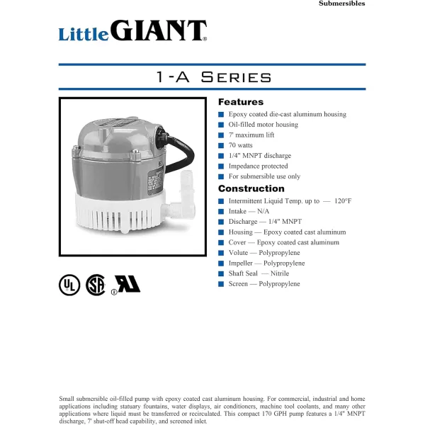 Little Giant 1-AT 115-Volt, 1/200 HP, 170 GPH Small Submersible Permanently Oiled Pump for Fountains, Water Displays and Air Conditioners, 10-Foot Cord, Blue, 500286