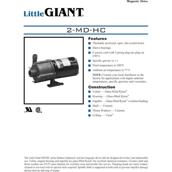 Little Giant 2-MD-HC 230 Volt, 1/30 HP, 510 GPH Magnetic Drive Highly Corrosive Chemical Transfer Pump, 6-Ft. Cord , Black 580613