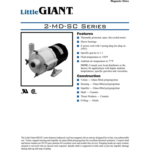 Little Giant 230 Volt, 1/12 HP, 750 GPH 3-MD-SC Semi-Corrosive Chemical Magnetic Drive Pump, 6-Foot Cord , Black/White, 581513