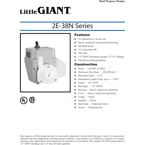 Little Giant 2E-38NT 115 Volt, 300 GPH, 1/40 HP, Manual, In-line/Submersible Small Oil-filled Aluminum Pump with 10-Ft. Cord, Blue, 502286