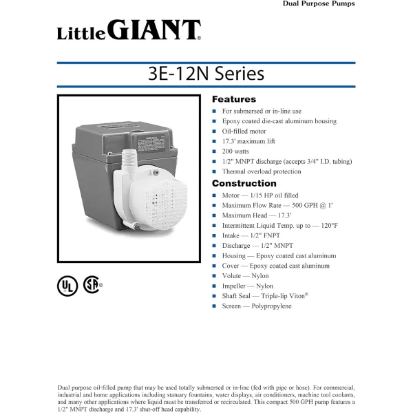 Little Giant 3E-12N, 115-Volt, 1/15 HP 500 GPH Oil-filled Direct Drive In-Line or Submersible Pump with 6-ft. Cord, Blue, 503103