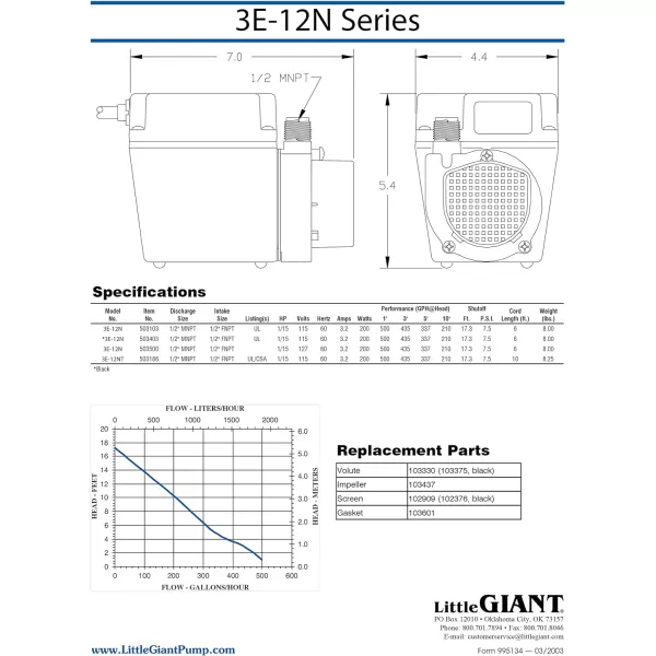 Little Giant 3E-12N, 115-Volt, 1/15 HP 500 GPH Oil-filled Direct Drive In-Line or Submersible Pump with 6-ft. Cord, Blue, 503103