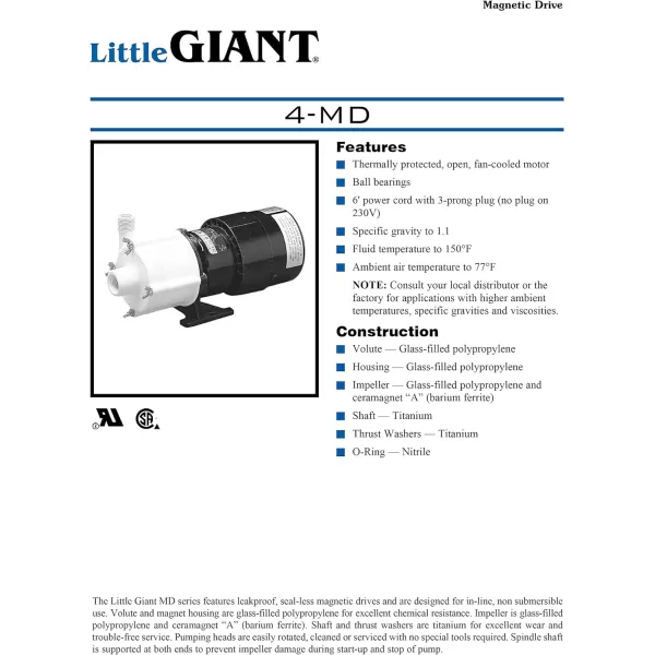 Little Giant 4-MD 1/12 HP 115-Volt, 690 GPH Magnetic Drive Pump, 6-Foot Power Cord, Black 582002