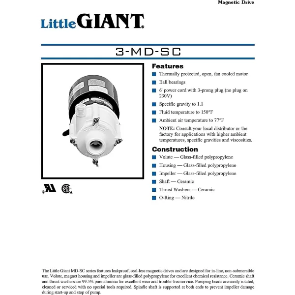 Little Giant 581503, 115 Volt, 1/12 HP, 750 GPH 3-MD-SC Semi-Corrosive Chemical Magnetic Drive Pump, 6-Foot Cord with Plug, Black/White