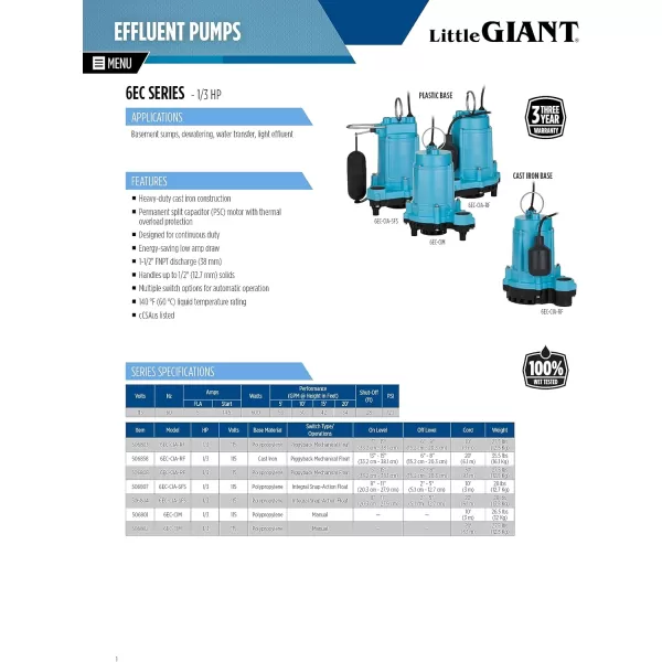 Little Giant 6EC-CIA-SFS 1/3 HP, 115-Volt, 3180 GPH Automatic Cast Iron Submersible Sump/Effluent Pump with Polypropylene Base, Integral Snap-Action Float Switch and 10-Ft. Cord, Blue, 506807