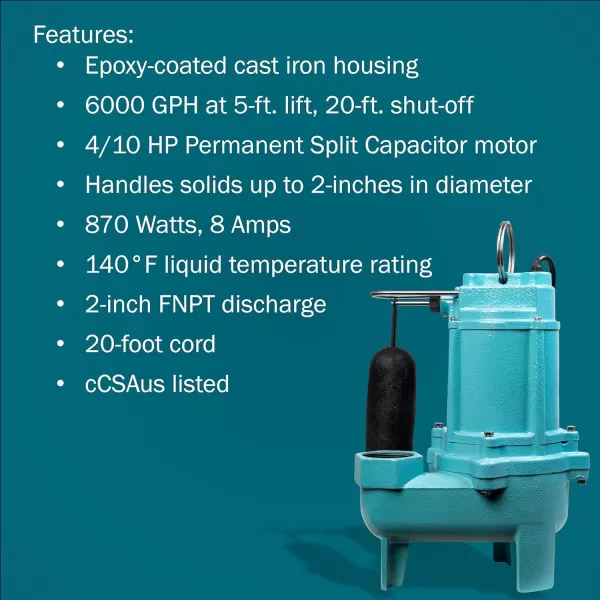 Little Giant 9SC-CIA-SFS 115 Volt, 4/10 HP, 6000 GPH Epoxy-Coated Cast Iron Submersible Sewage Pump with Integral Snap-Action Float Switch, 20-Ft. Cord, Blue, 509411