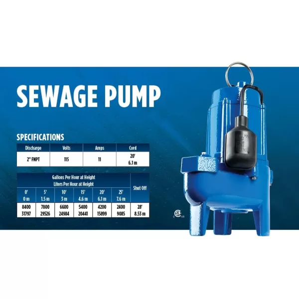 Little Giant LG-SEW75T 115 Volt, 3/4 HP, 8400 GPH Cast Iron Sewage Pump with Tethered Switch and 20-Ft. Cord, Blue, 14942662