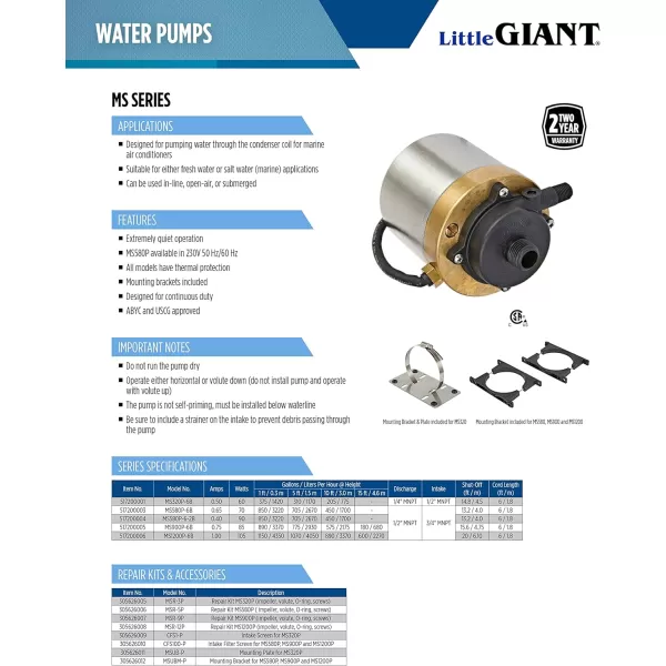 Little Giant MS900P-6B 115 Volt, 890 GPH Oil-less Stainless Steel and Bronze Direct Drive Pump for Marine Air Conditioners,6-Ft. Plug-less Cord, Steel, 517200005