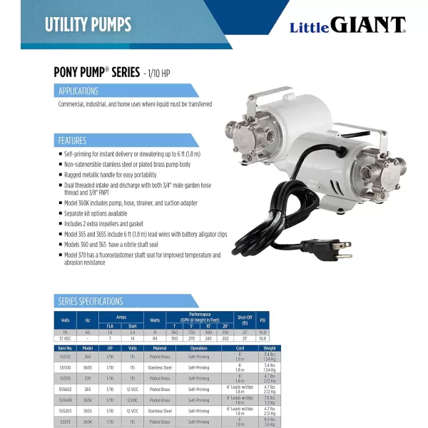 Little Giant Model #365, 12 Volt DC, 300 GPH, Plated Brass Non-Submersible Utility Pump with 6-Ft. Leads and Battery Clips, White, 555602