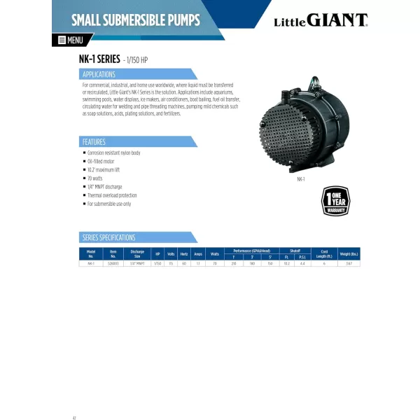 Little Giant NK-2 "NO KORODE" Series, 115 Volt, 1/40 HP, 325 GPH Mild Acid, Alkalis and Hard Water Submersible Pump with 18-Ft. Cord, Black, 527176