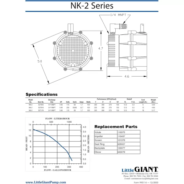 Little Giant NK-2 "NO KORODE" Series, 115 Volt, 1/40 HP, 325 GPH Mild Acid, Alkalis and Hard Water Submersible Pump with 18-Ft. Cord, Black, 527176