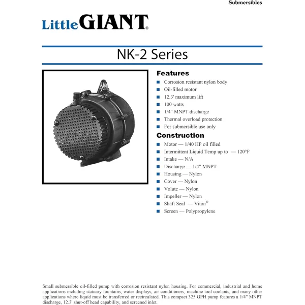 Little Giant NK-2 "NO KORODE" Series, 115 Volt, 1/40 HP, 325 GPH Mild Acid, Alkalis and Hard Water Submersible Pump with 18-Ft. Cord, Black, 527176