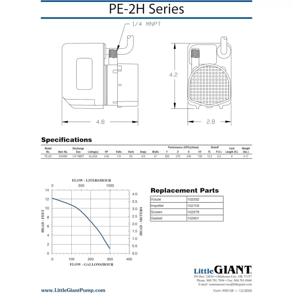 Little Giant PE-2H-PW 115 Volt, 1/40 HP, 300 GPH Epoxy Encapsulated Direct Drive Submersible Pump with 6-Ft. Cord and Flow Control Valve, Black, 566609