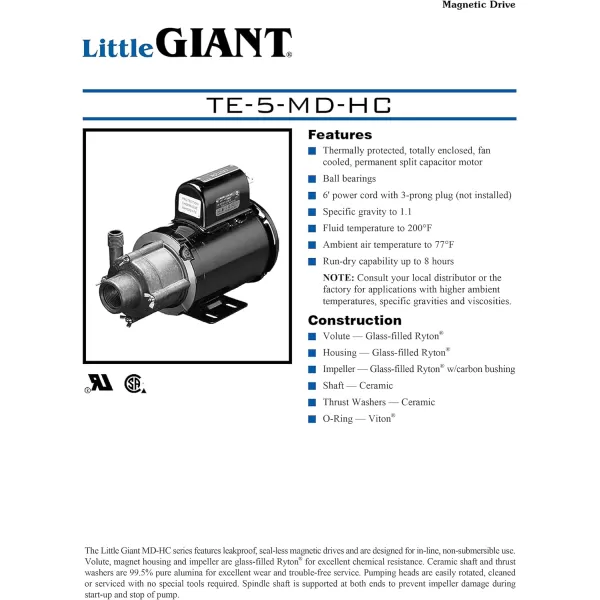 Little Giant TE-4-MD-HC 230 Volt, 1/10 HP, 840 GPH Non-Submersible Highly Corrosive Chemical Transfer Magnetic Drive Pump, 6-Ft. Cord , Black, 582614