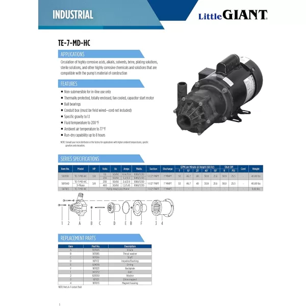 Little Giant TE-4-MD-HC 230 Volt, 1/10 HP, 840 GPH Non-Submersible Highly Corrosive Chemical Transfer Magnetic Drive Pump, 6-Ft. Cord , Black, 582614