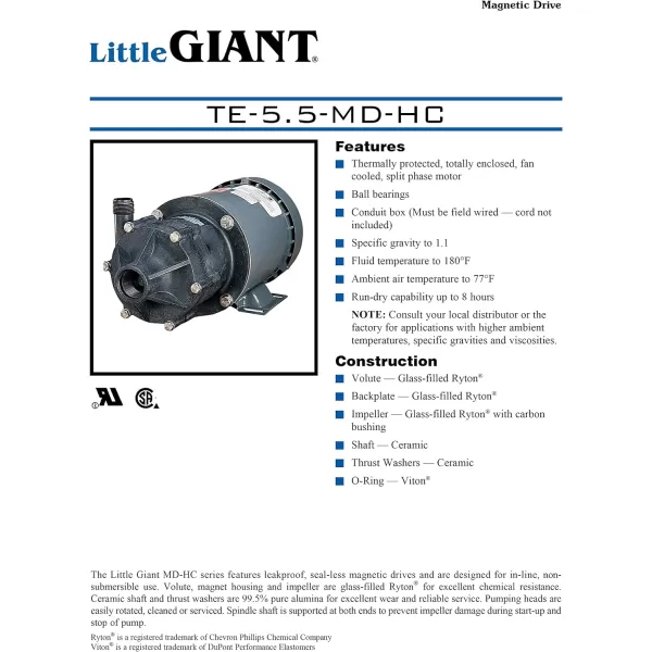 Little Giant TE-4-MD-HC 230 Volt, 1/10 HP, 840 GPH Non-Submersible Highly Corrosive Chemical Transfer Magnetic Drive Pump, 6-Ft. Cord , Black, 582614