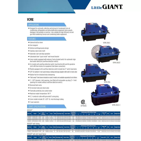 Little Giant VCMX-20ULST 115 Volt, 1/30 HP, 84 GPH Automatic Condensate Removal Pump, 6-Ft. Power Cord, Safety Switch, 20-ft. 3/8-inch Tubing, Blue, 554550