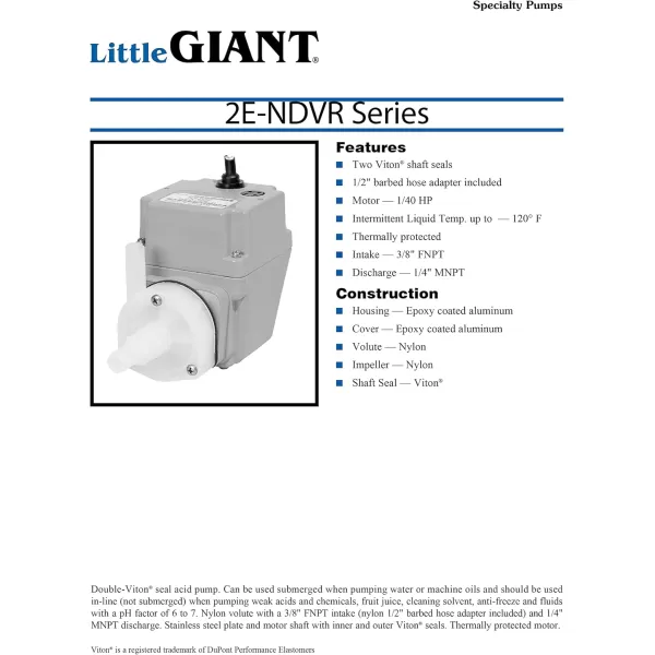 imageLittle Giant 2ENDVR 115 Volt 140 HP 300 GPH Double Seal Acidic Pump with 6 Ft Cord Blue 502303