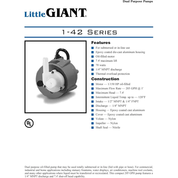 imageLittle Giant 501203 205 GPH 115Volt Manual Oil Filled Submersible or Inline Aluminum Direct Drive Pump Blue 142