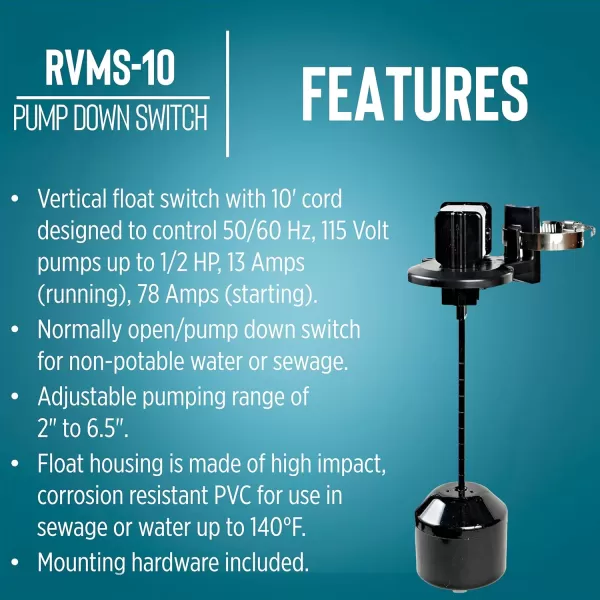 imageLittle Giant RVMS10 115Volt Piggyback Vertical Mechanical Pump Down Float Switch for Pumps up to 12 HP with 10ft Cord Black 599261