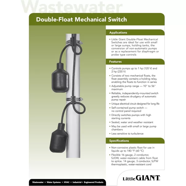 imageLittle Giant 15DFMMD2WOP 230Volt Plugless DoubleFloat Mechanical Switch 15Ft Cord Black 14940411