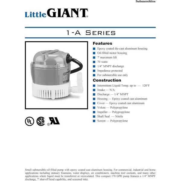 imageLittle Giant 1AA18 115 Volt 1200 HP 170 GPH Small Submersible Permanently Oiled Pump for Fountains Water Displays and Air Conditioners 18Foot Cord Blue 500500Pump