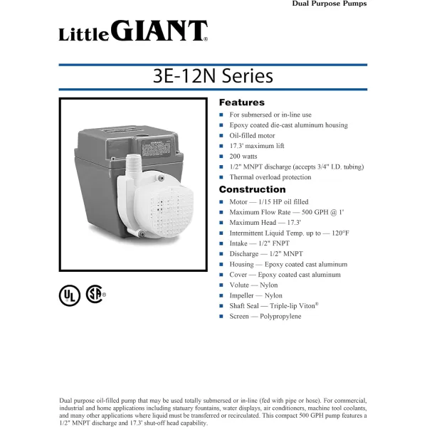 imageLittle Giant 3E12N 115Volt 115 HP 500 GPH Oilfilled Direct Drive InLine or Submersible Pump with 6ft Cord Blue 503103115 Volt  10 Ft Cord
