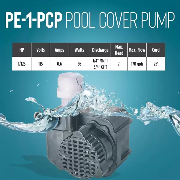 imageLittle Giant PE1PCP 115 Volt 1125 HP 170 GPH Manual Pool Cover Pump with 25 Foot Power Cord Black 518025