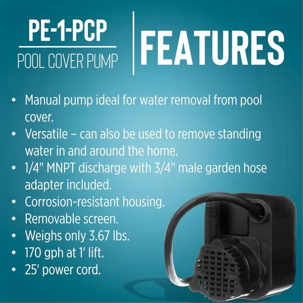 imageLittle Giant PE1PCP 115 Volt 1125 HP 170 GPH Manual Pool Cover Pump with 25 Foot Power Cord Black 518025