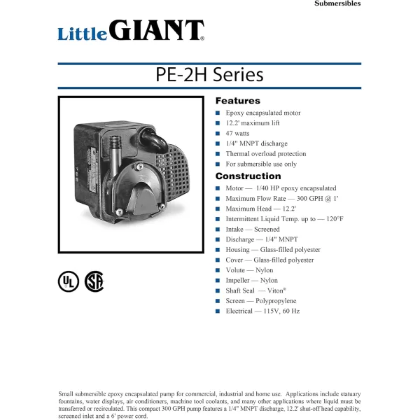 imageLittle Giant PE2H 115 Volt 140 HP 300 GPH Epoxy Encapsulated Direct Drive Submersible Pump with 6 Ft Cord Black 51840014 MNPT Discharge