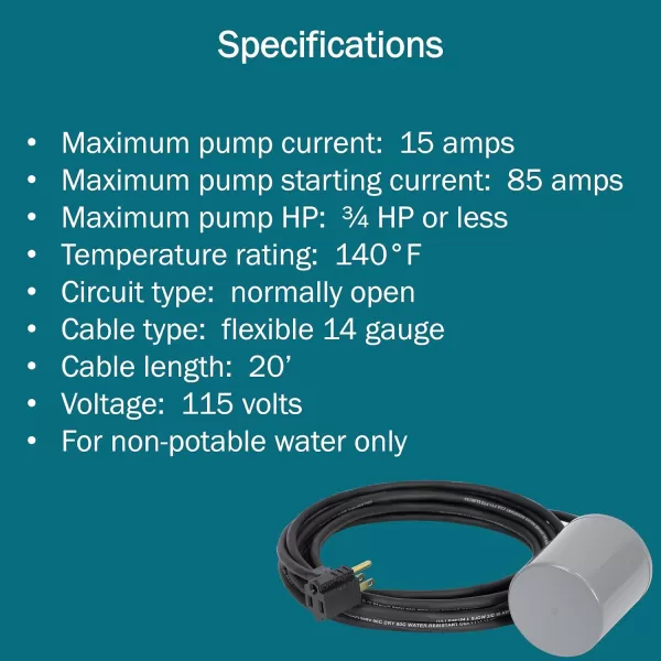 imageLittle Giant RFSN20 120250 Volts Maximum 20Amp  15 HP Pump Down Tethered Float Switch Plugless for Pond Sump Sewage or Effluent Systems 20Ft Cord Grey 59931820 Cord  115V Plug  Max 34 HP