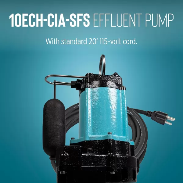 imageLittle Giant 10ECHCIM 115Volt 12 HP 3600 GPH Manual Submersible Cast Iron High Head Effluent Pump with 30Ft Cord Blue 511625Integral Float Switch  20 Cord