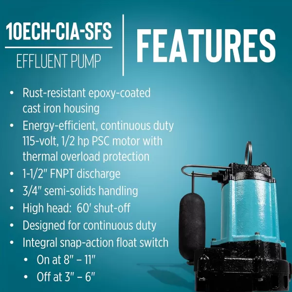 imageLittle Giant 10ECHCIM 115Volt 12 HP 3600 GPH Manual Submersible Cast Iron High Head Effluent Pump with 30Ft Cord Blue 511625Integral Float Switch  20 Cord