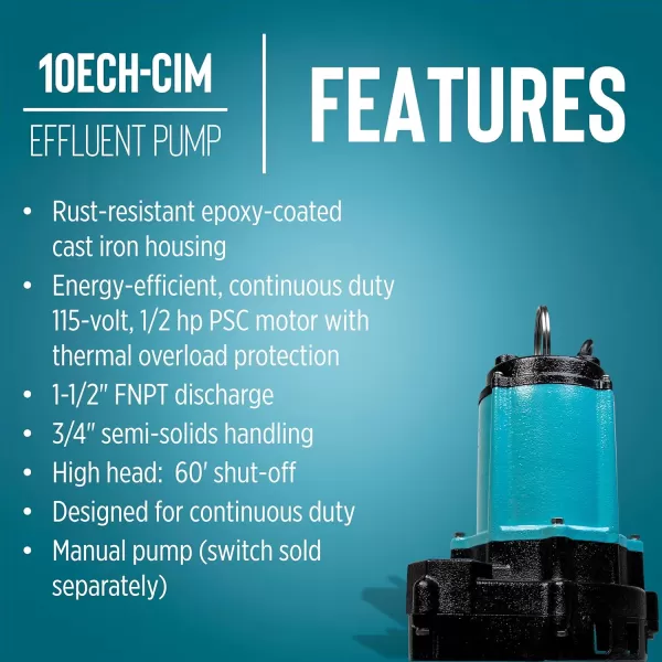 imageLittle Giant 10ECHCIM 115Volt 12 HP 3600 GPH Manual Submersible Cast Iron High Head Effluent Pump with 30Ft Cord Blue 511625Manual  20 Cord