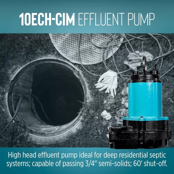 imageLittle Giant 10ECHCIM 115Volt 12 HP 3600 GPH Manual Submersible Cast Iron High Head Effluent Pump with 30Ft Cord Blue 511625Manual  20 Cord