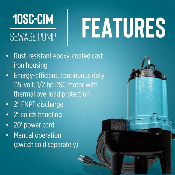 imageLittle Giant 10SCCIM 208230Volt 7200 GPH 12 HP Manual Cast Iron SewageEffluent Pump No Switch with 3inch FNPT Discharge and 20Ft Cord Blue 511436115V  2  20 Cord  No Switch