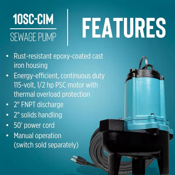 imageLittle Giant 10SCCIM 208230Volt 7200 GPH 12 HP Manual Cast Iron SewageEffluent Pump No Switch with 3inch FNPT Discharge and 20Ft Cord Blue 511436115V  2  50 Cord  No Switch