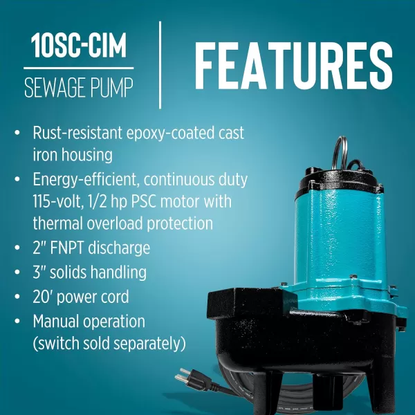 imageLittle Giant 10SCCIM 208230Volt 7200 GPH 12 HP Manual Cast Iron SewageEffluent Pump No Switch with 3inch FNPT Discharge and 20Ft Cord Blue 511436115V  3  20 Cord  No Switch