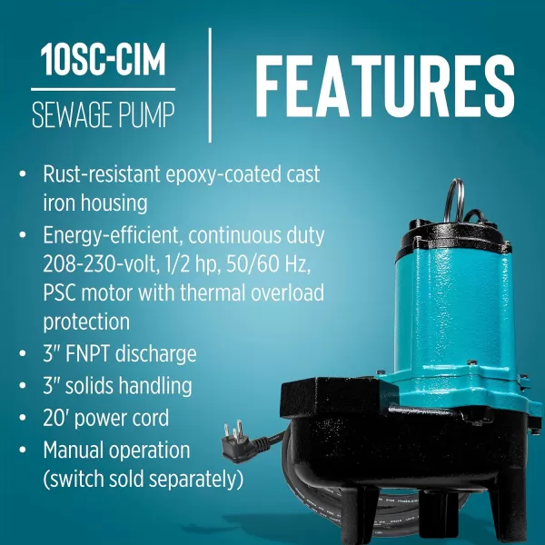 imageLittle Giant 10SCCIM 208230Volt 7200 GPH 12 HP Manual Cast Iron SewageEffluent Pump No Switch with 3inch FNPT Discharge and 20Ft Cord Blue 511436208230V  3  20 Cord  No Switch