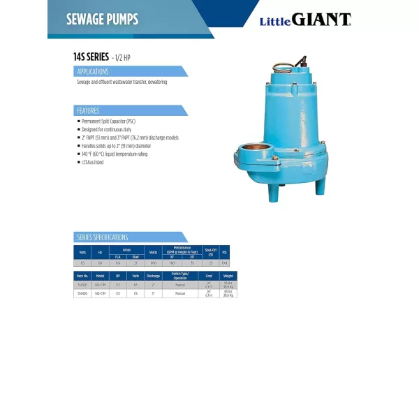 imageLittle Giant 14SCIM 115 Volt 12 HP 6000 GPH Manual Submersible Sewage Ejector Pump 20Foot Power Cord 3Inch Discharge Blue 514420