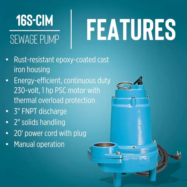 imageLittle Giant 16SCIM 230Volt 1 HP 9600 GPH Manual Submersible Sewage Ejector Pump 20 Cord with Plug 3Inch Discharge Blue 51462020 Cord with Plug